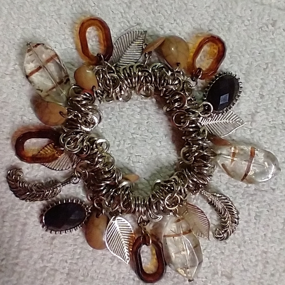Brown black feather thick chain charm bracelet